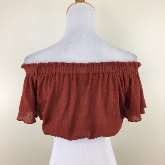 OUT FROM UNDER Rust/Brick Flutter Sleeve Textured Off Shoulder Crop Top - Picture 9 of 9